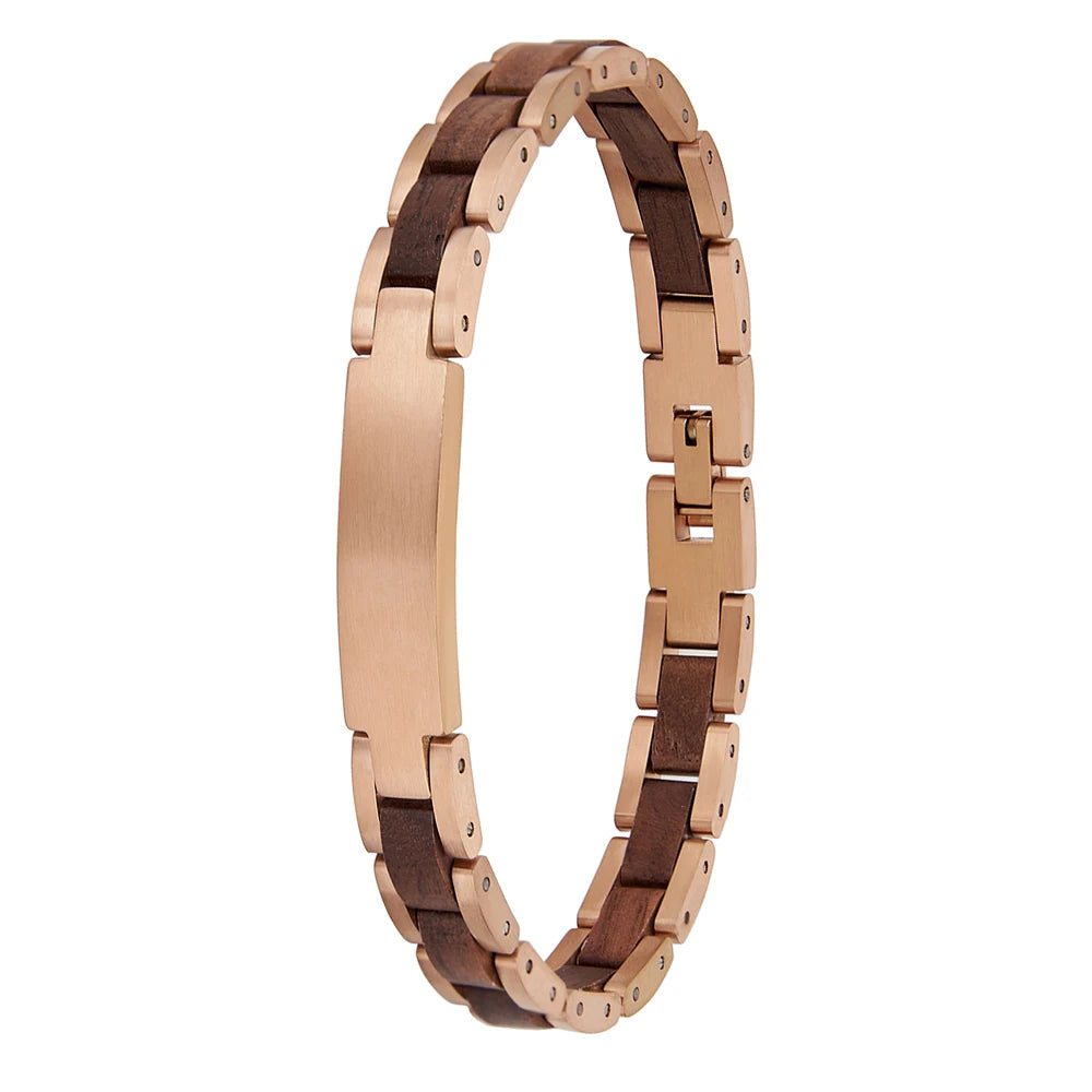 REBEL Men's Classic Skeleton Skeleton Bracelet Adjustable Stainless Steel and Wooden Link Rose Gold Walnut Wood for Anniversaries