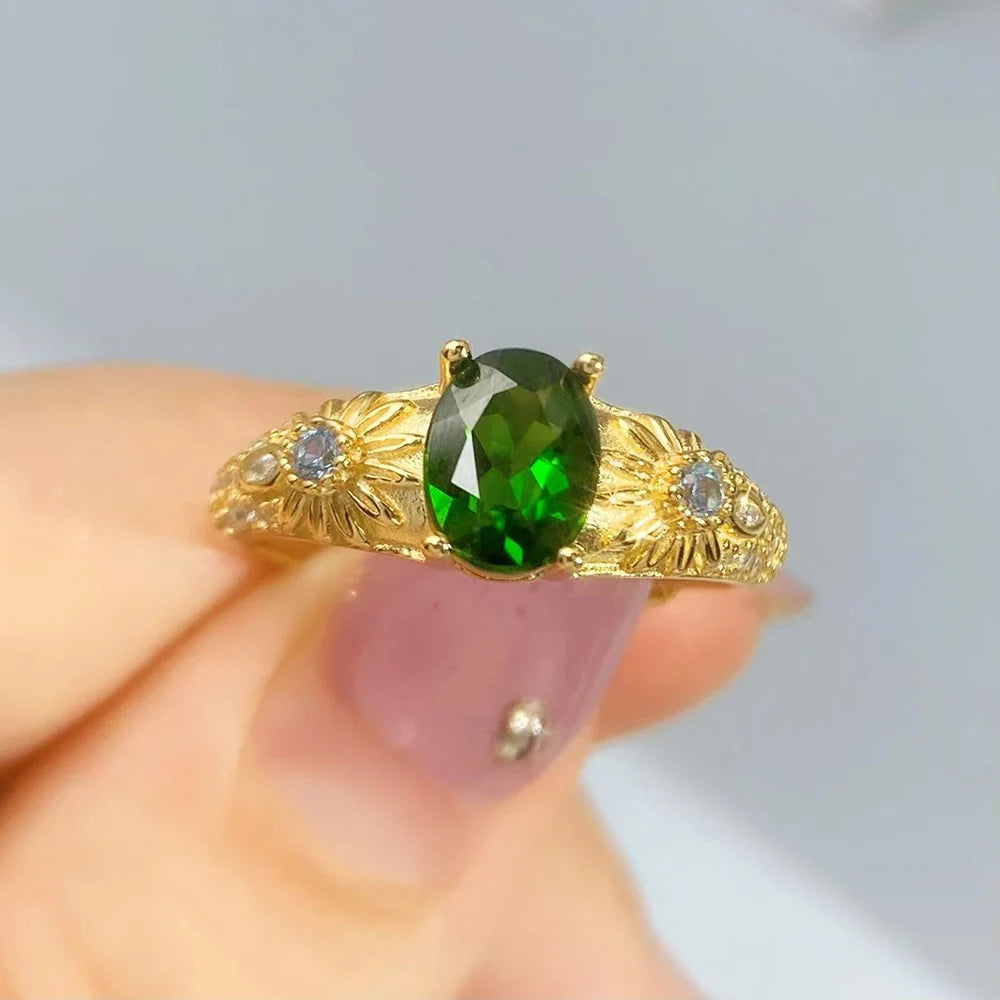 Gioiellieri Natural Chrome Diopside Ring for Women S925 Sterling Silver Oval Cut Green Gemstone Fine Jewelry for Wedding Anniversary Gift
