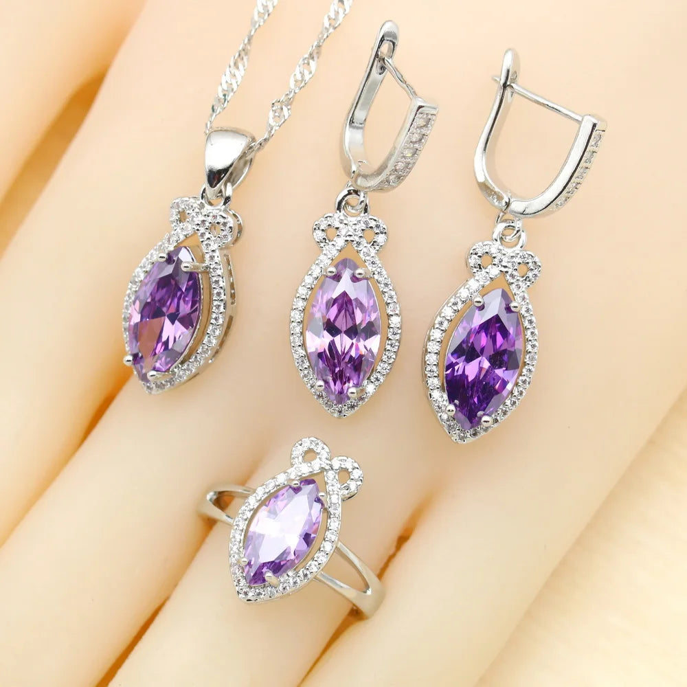 XOTICA 2022 New Classic Purple Crystal Jewellery Sets for Women Zircon Open Ring Pendant Necklace Bracelet Earrings for Wedding Party
