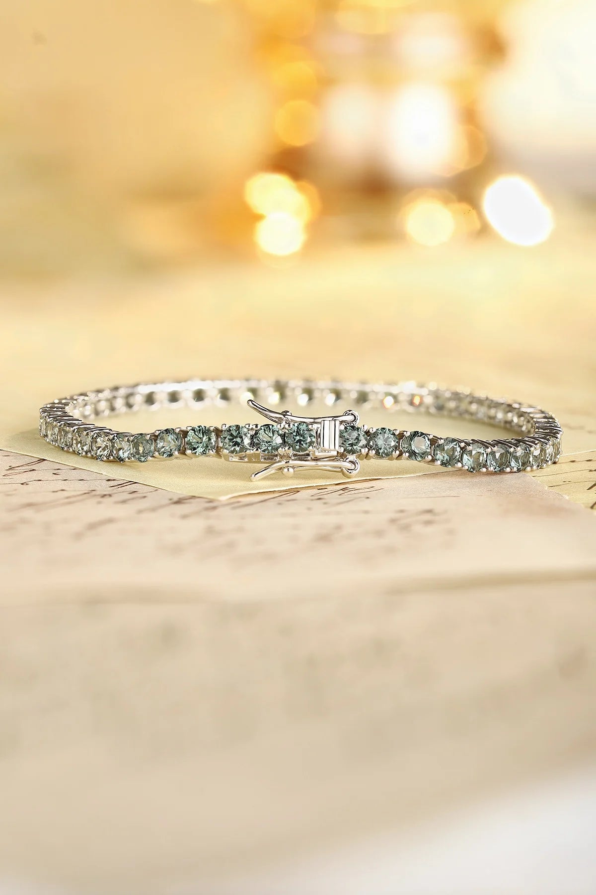 Gemfiori 925 Silver Rhodium Plated Lab Grown Green Sapphire Colorful Tennis Bracelet-Trendy Gift for Wedding & Party