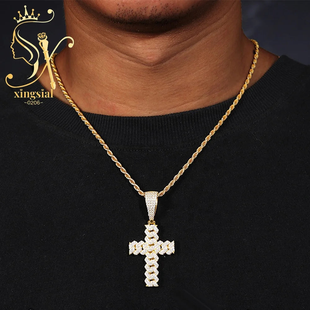 ArtistA Xingsial Custom Men's Jewelry Set 925 Sterling Silver Gold Plated Iced Moissanite Cross Pendant Cuban Link Wedding Ring
