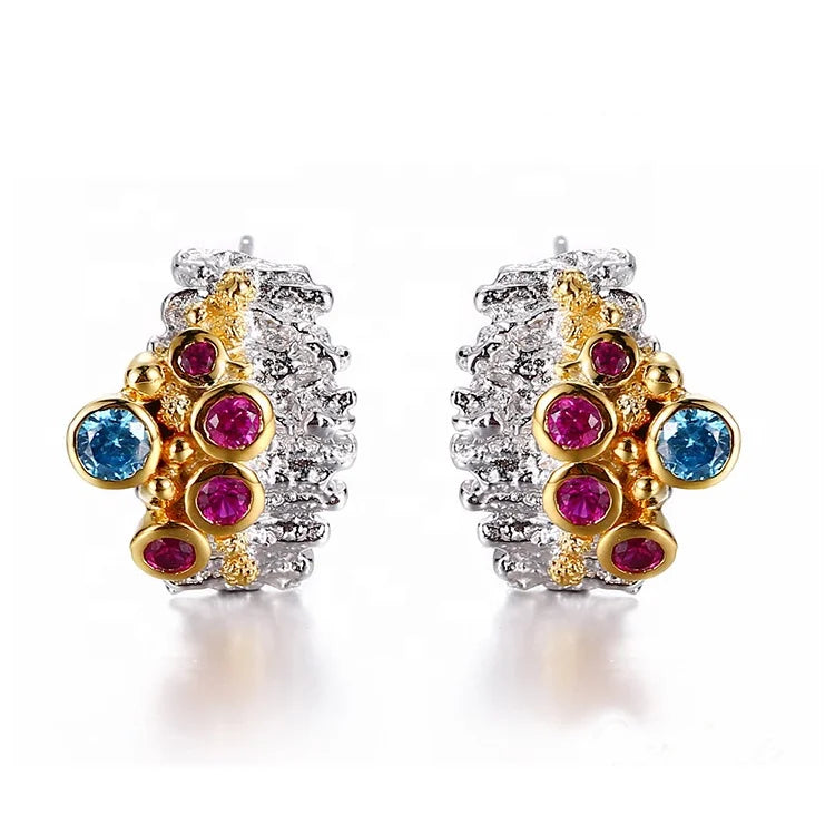 Colourful Synthetic Red Corundum Stone 925 Sterling Silver Earrings for Women