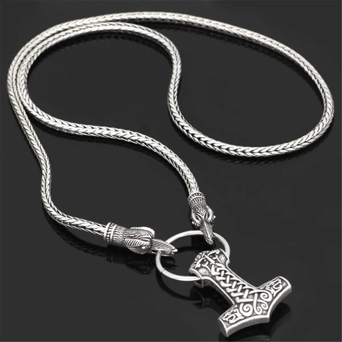 REBEL VIKING Odin Wolf Head & Thor Hammer Mjolnir Pendant Necklace – Silver 60cm