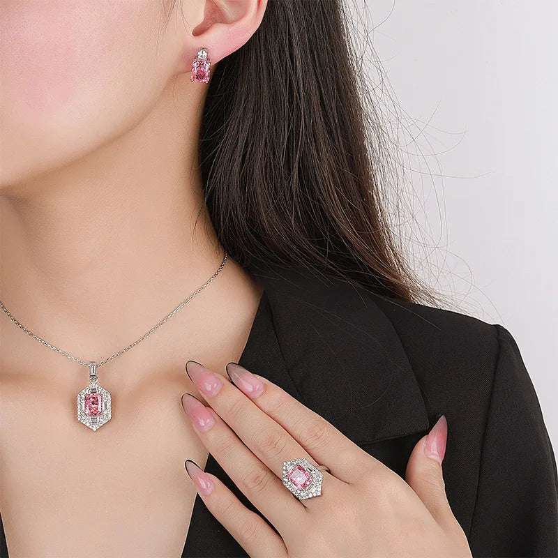 Gemfiori Summer New Product Water Chestnut Pendant High-end Fashion Light Luxury Zircon Ring Earring Set Accessories