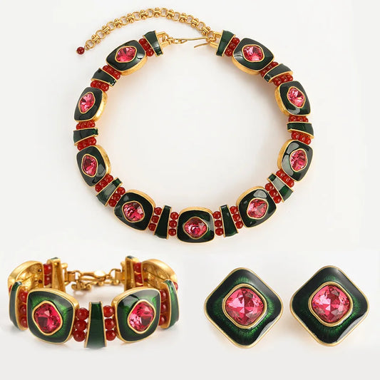 Vintage Arabic-Style Cushion-Cut Crystal & Rhinestone 4-Piece Jewellery Set — Gold Plated
