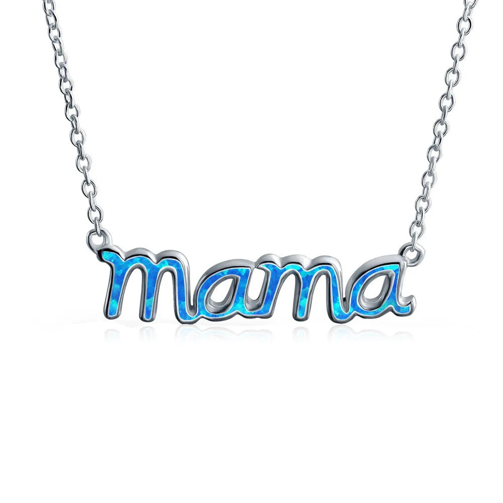 Aobao Blue Opal MAMA Necklace Copper Box Chain Christian Mother's Day Exclusive Mom Minimalist Soft Style Jewelry Wholesale