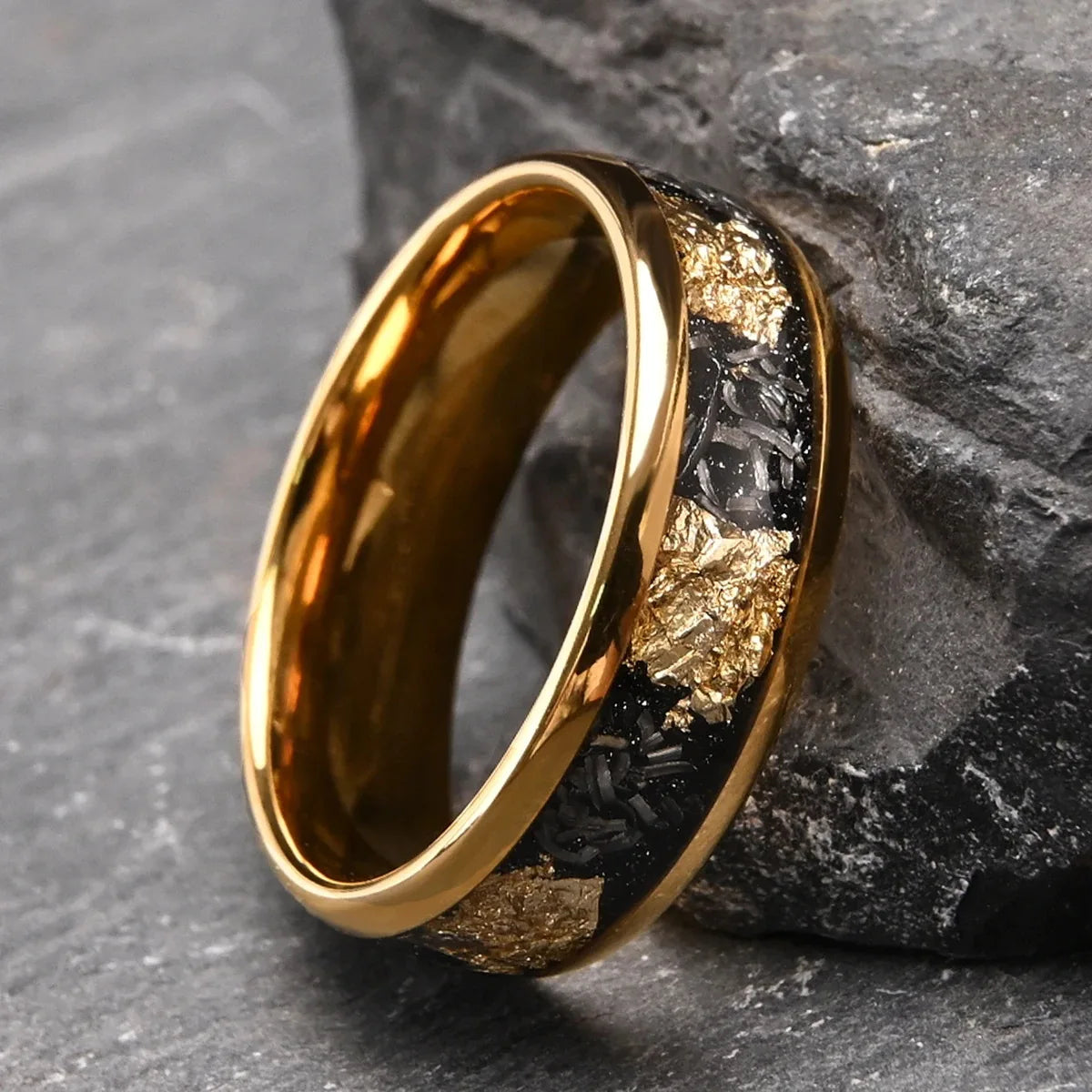 Tungsten carbide Classic Ring Personalized Yellow Gold Natural Stone Broken Gold Foil Meteorite Unisex Engagement Wedding Band