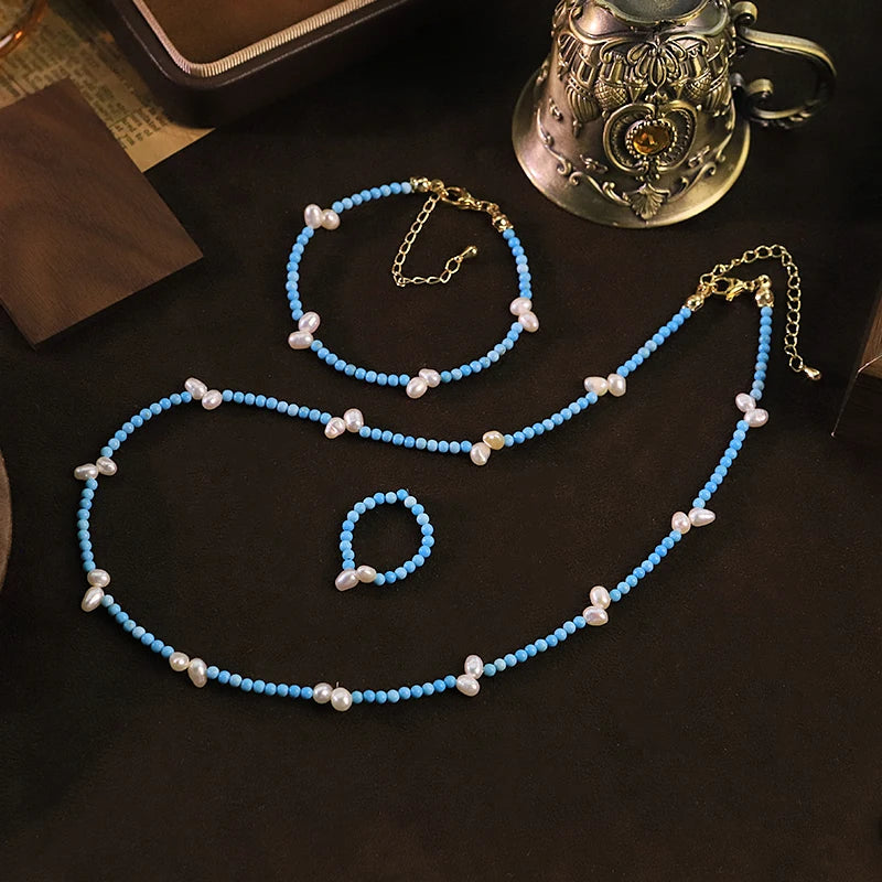 GLSEEVO Natural Freshwater Pearl & Turquoise Bead 3-Piece Jewellery Set — Necklace, Bracelet & Ring