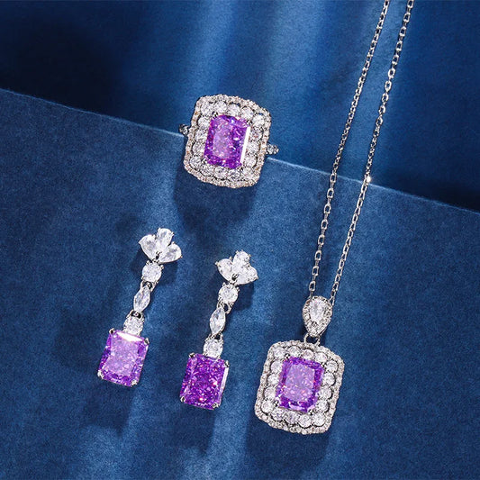 Gemfiori Light Luxury Temperament Design Sense Jewelry Inlaid with Cubic Sugar Zircon Pendant Ring and Earring Set