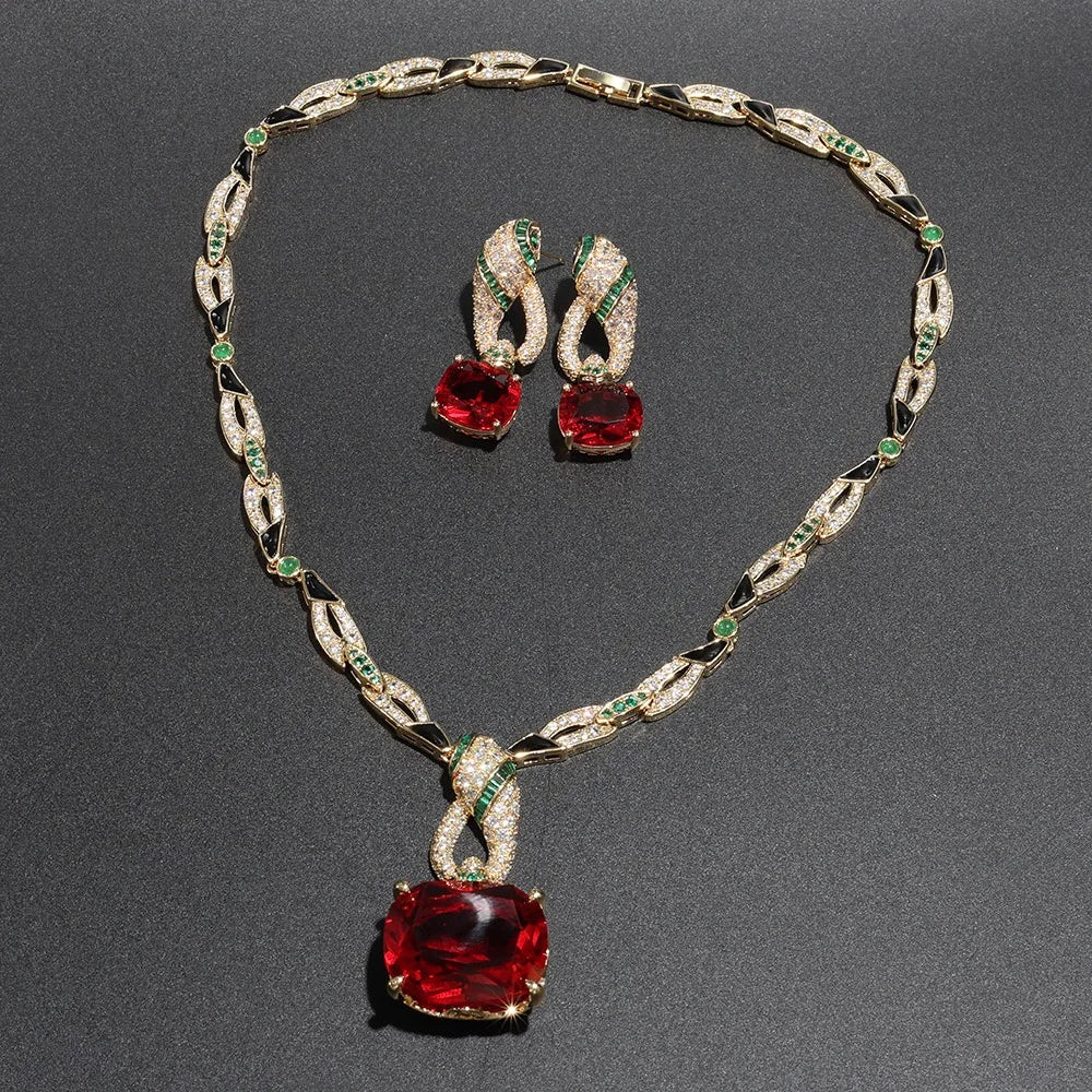 Bella Viva Luxury Red Cubic Zirconia Pendant Earrings & Necklace Set, Perfect for Wedding, Party and Special Occasions