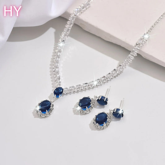 HY Women's European American Style Light Luxury Teardrop Zircon Alloy Electroplated Necklace Earring Two-Piece Jewelry Set