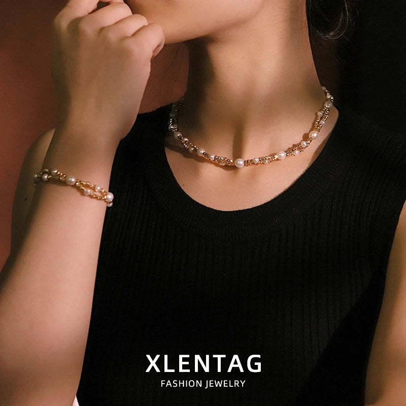 GLSEEVO Natural Freshwater Pearl & Twisted Gold Wire 2-Piece Jewellery Set — Necklace & Bracelet