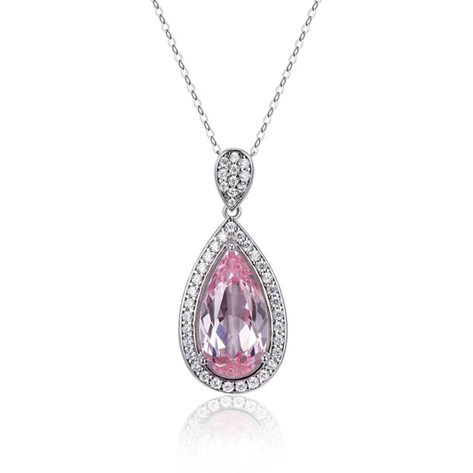 Messi Jewelry MSN-652 Silver 925 Necklace Lab Morganite Pear Cut Pink Channel Setting Diamond Pendant Necklace