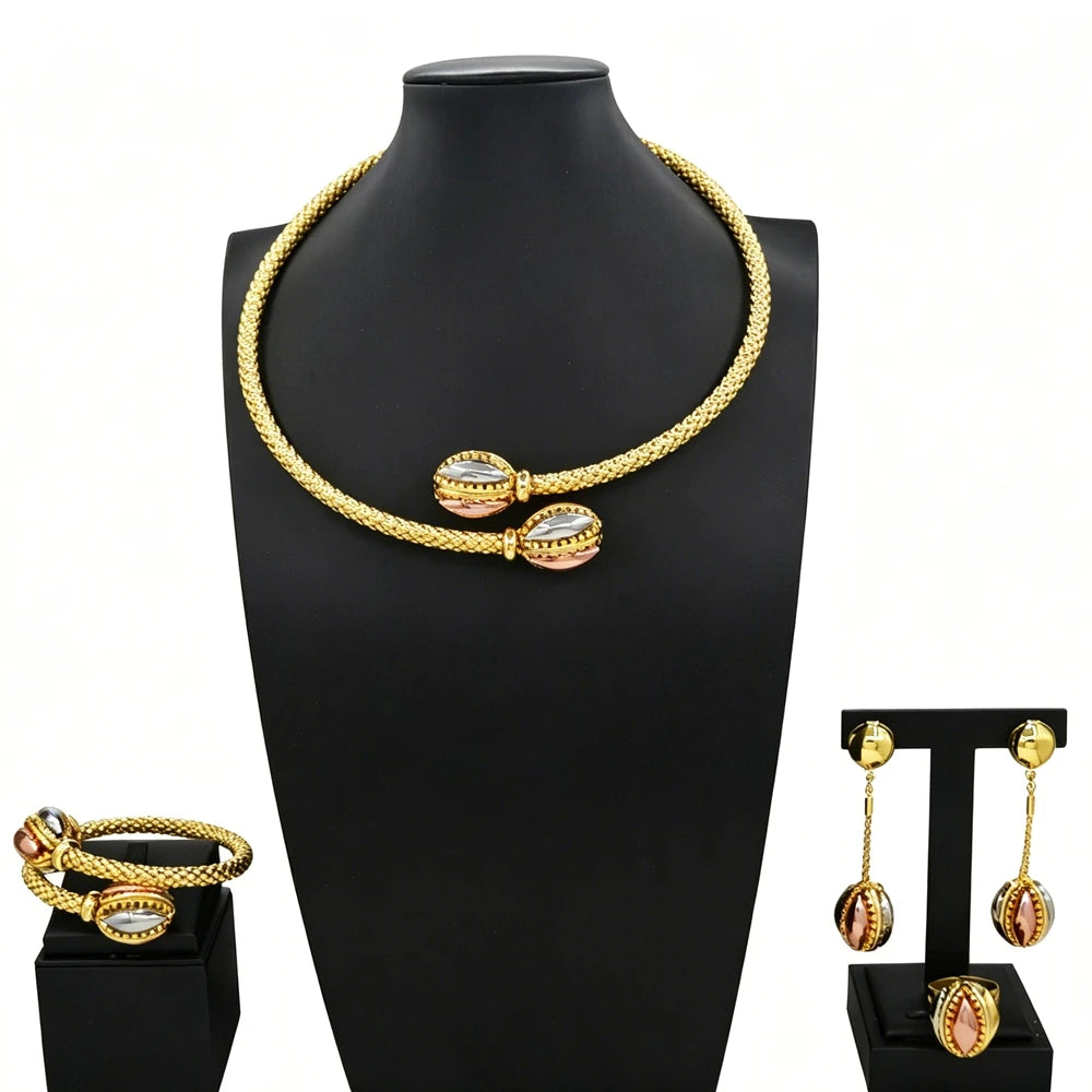 Zhuerrui Braided Gold Plated 4Pcs Jewelry Set Necklace Bangle Earrings Ring With Two Tone Inlaid Stone for Wedding Party HS26008