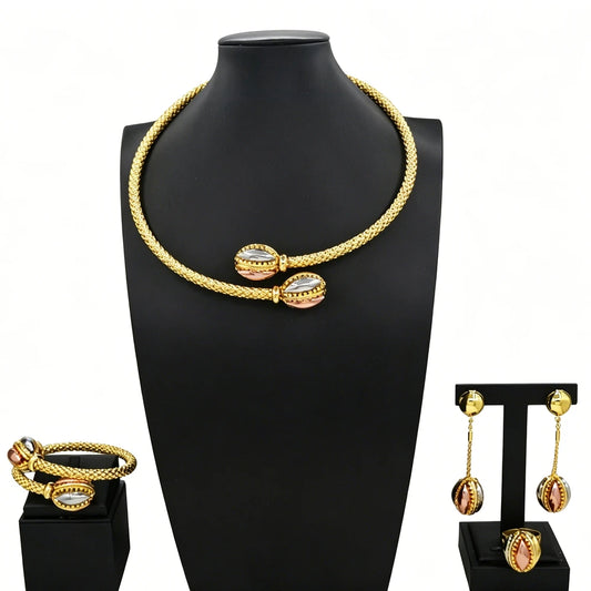 Zhuerrui Braided Gold Plated 4Pcs Jewelry Set Necklace Bangle Earrings Ring With Two Tone Inlaid Stone for Wedding Party HS26008