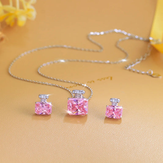 925 Sterling Silver Pink Zirconia Diamond Perfume Bottle Pendant Necklace Earrings Sets Luxury 2pcs Jewelry Sets Wedding Gift