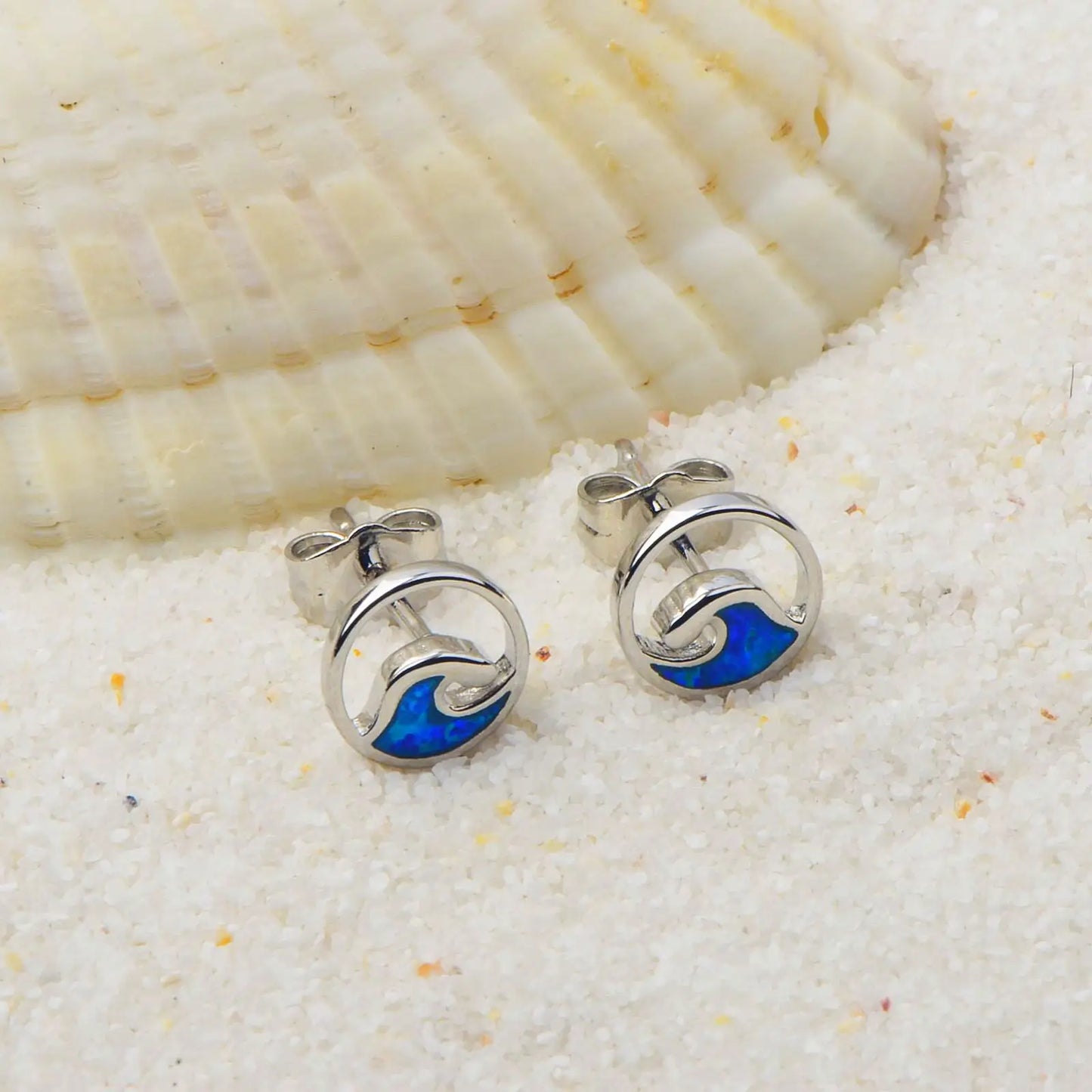 Ocean Wave Opal Stud Earrings - Blue Fire Opal Inlaid Circle Wave Design | Coastal Minimalist Jewelry Bulk Gifts