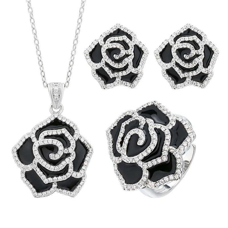 Gemfiori Black Rose Earrings with a High-end Feel Light Luxury Pendant French Retro Temperament Niche Design Ring Jewelry Set