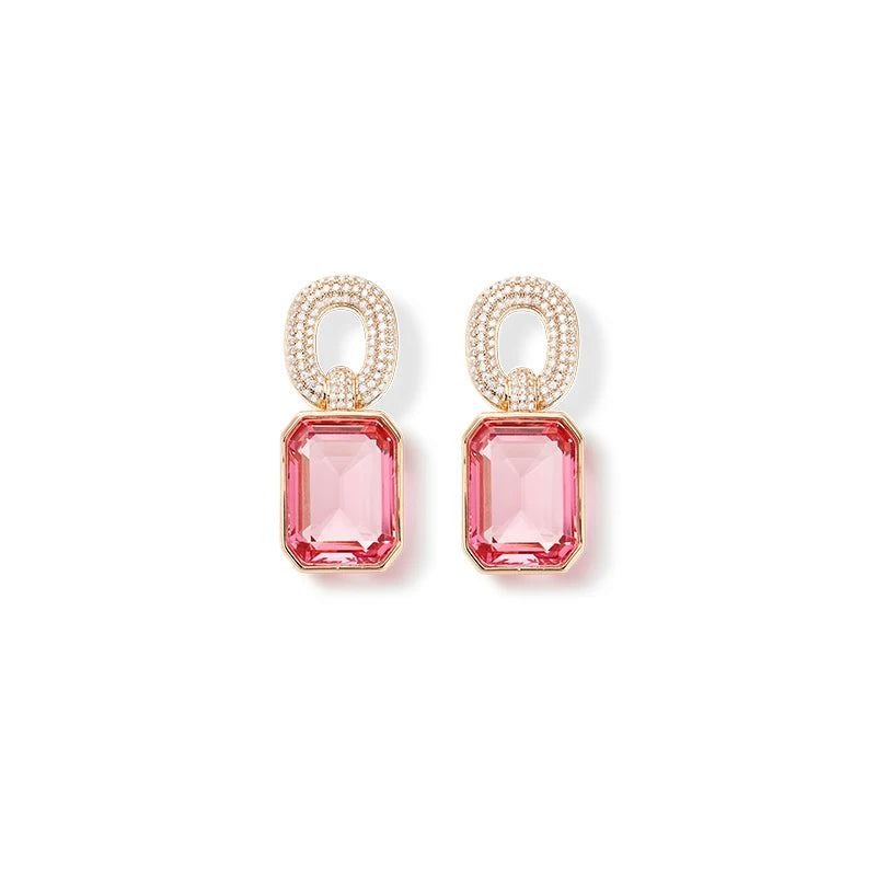 Rose Gold Pink Purple Set Modern Geometric Cutting Gem Neck Chain Earring Combination Exquisite Spicy Girl Banquet Party Jewelry