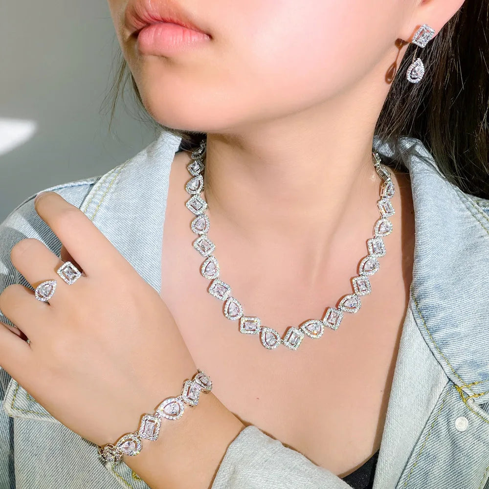 Silver Color Water Drop Cubic Zirconia 4pcs Ring Bracelet Earrings Necklace Luxury Jewelry Sets for Women Weeding CZ Accessories