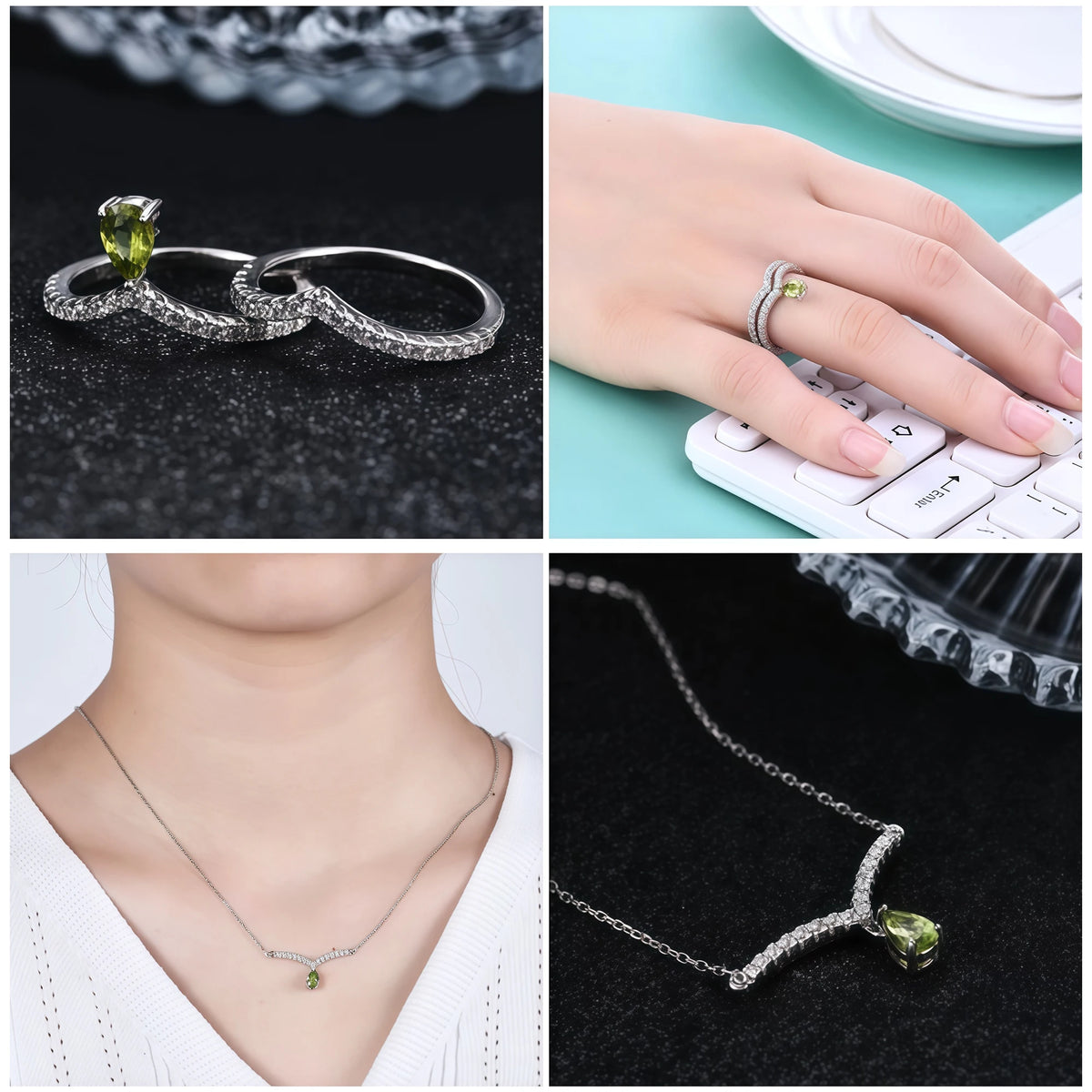 ArtistA C8141 Abiding Exquisite Natural Colored Gemstone Genuine Peridot Garnet Swiss Blue Topaz 925 Silver Rings Necklace Jewelry Set