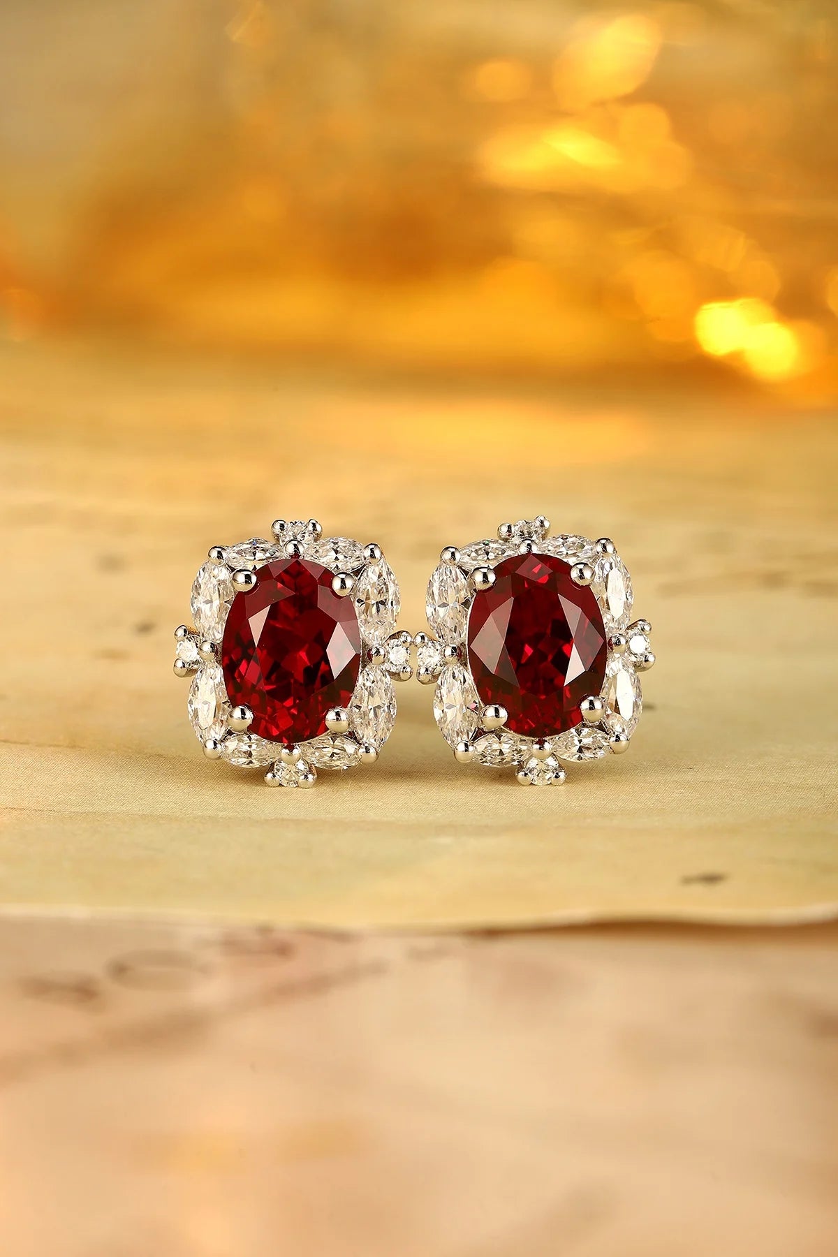 Gemfiori Bridal Jewelry Set Lab Grown Ruby Rings Rhodium Plated Sterling 925 Silver Ring Necklace Earrings for Wedding Party