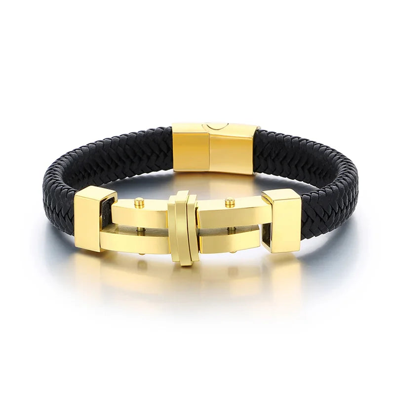 REBEL 210mm Vintage Premium Stainless Steel&Cowhide Leather Bracelet