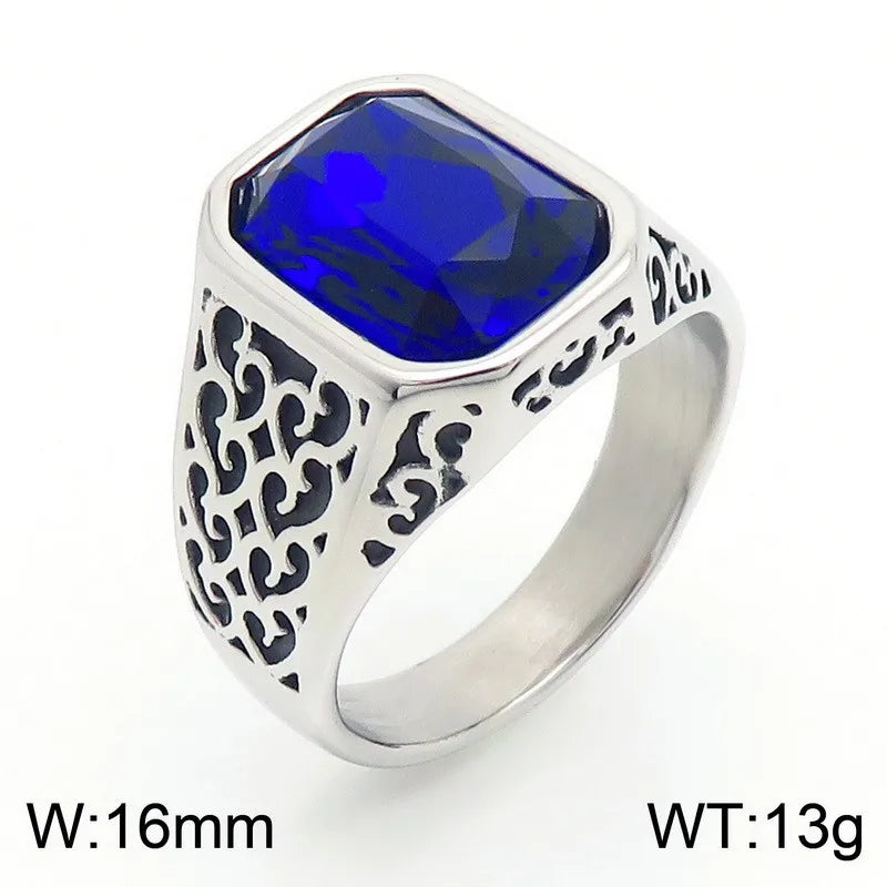 Kalen Vintage Viking Jewelry Luxury Court Style Gemstone Carved Zircon Inlays Stainless Steel Men Rings