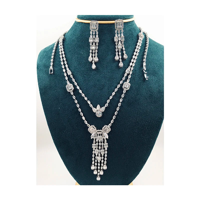 Luxury Full-Paved Radiant-Cut Zirconia Double-Layer Long Tassel Pendant Necklace & Earrings Set — Rhodium Plated