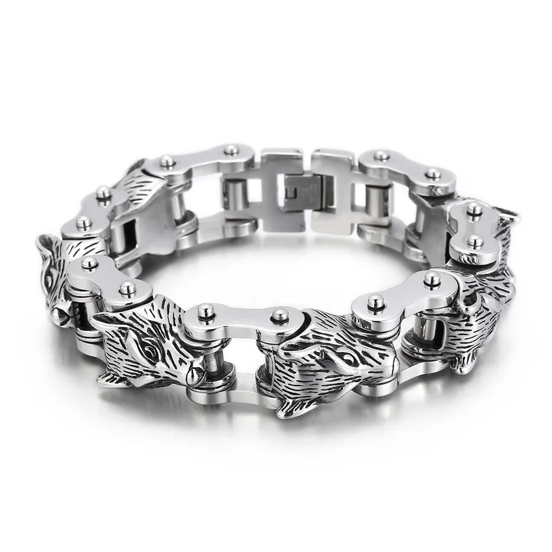 KALEN Punk Stainless Steel Fashion Bracelets Bangles Wolf Heads Bike Chain Bracelet for Men