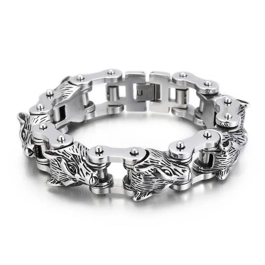 KALEN Punk Stainless Steel Fashion Bracelets Bangles Wolf Heads Bike Chain Bracelet for Men