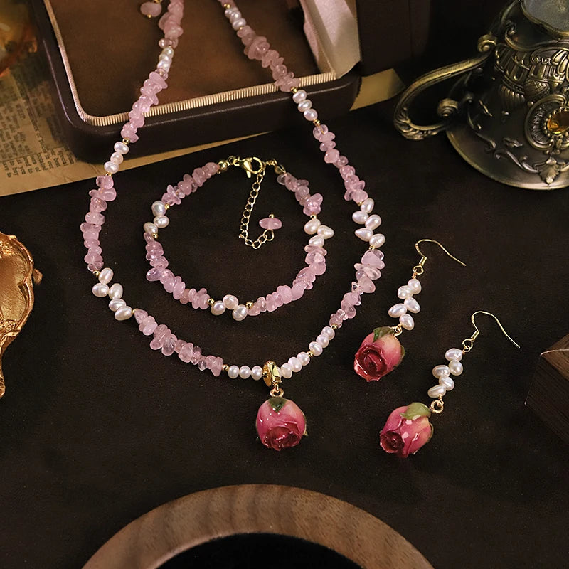 Natural Freshwater Pearl Pink Bud Jewelry Set for Women Daily Wear Dating Valentine's Day Pearl Jewelry Set Bohemian Jewelry