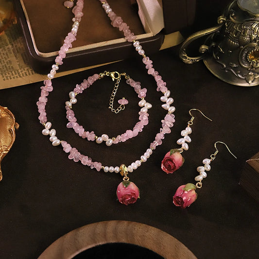 Natural Freshwater Pearl Pink Bud Jewelry Set for Women Daily Wear Dating Valentine's Day Pearl Jewelry Set Bohemian Jewelry