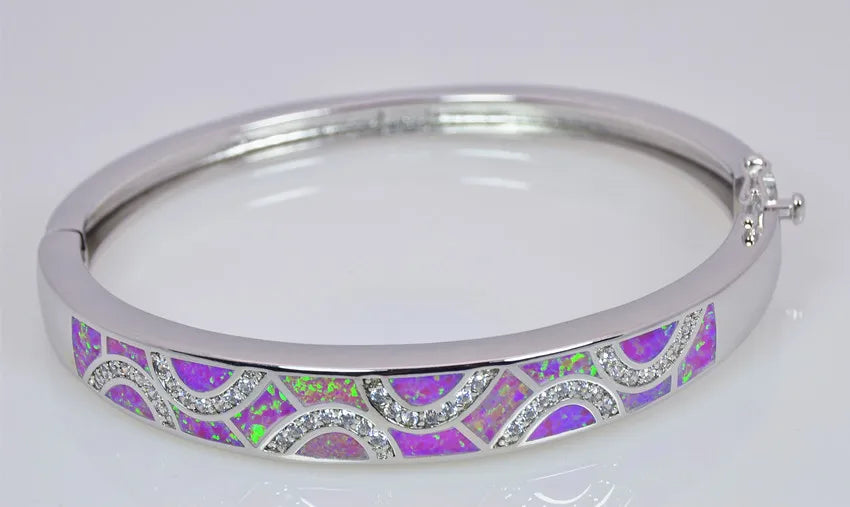 Shimmering Opal Bangle Aobao Greek Key Geometric Design Silver Tone Jewelry