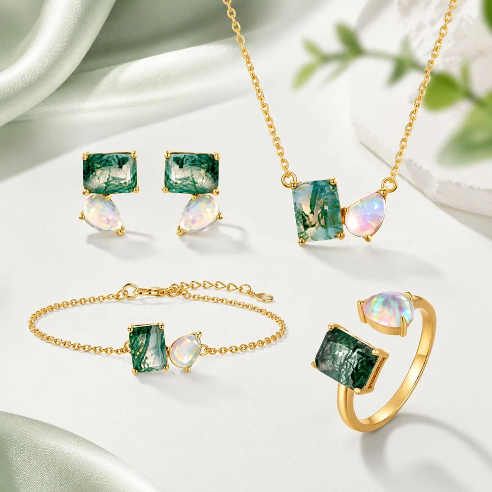 925 Sterling Silver Natural Moss Agate Opal Jewelry Set 14K Gold Plated Emerald Cut Jewelry Set for Women