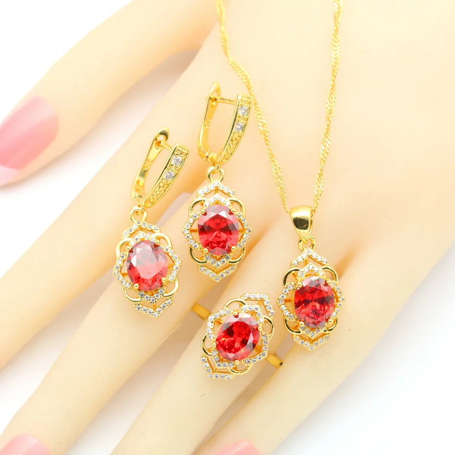 XOTICA 2023 New Red Cubic Zirconia Jewelry Set for Women Earrings Open Ring Pendent Necklace for Wedding or Engagement