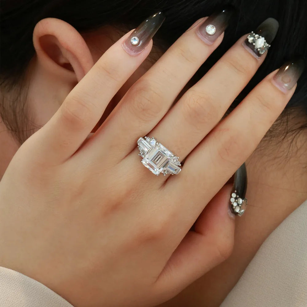 SILVERELLI 8×10mm Emerald Cut High Carbon Diamond Ring | 925 Silver | Platinum Plated