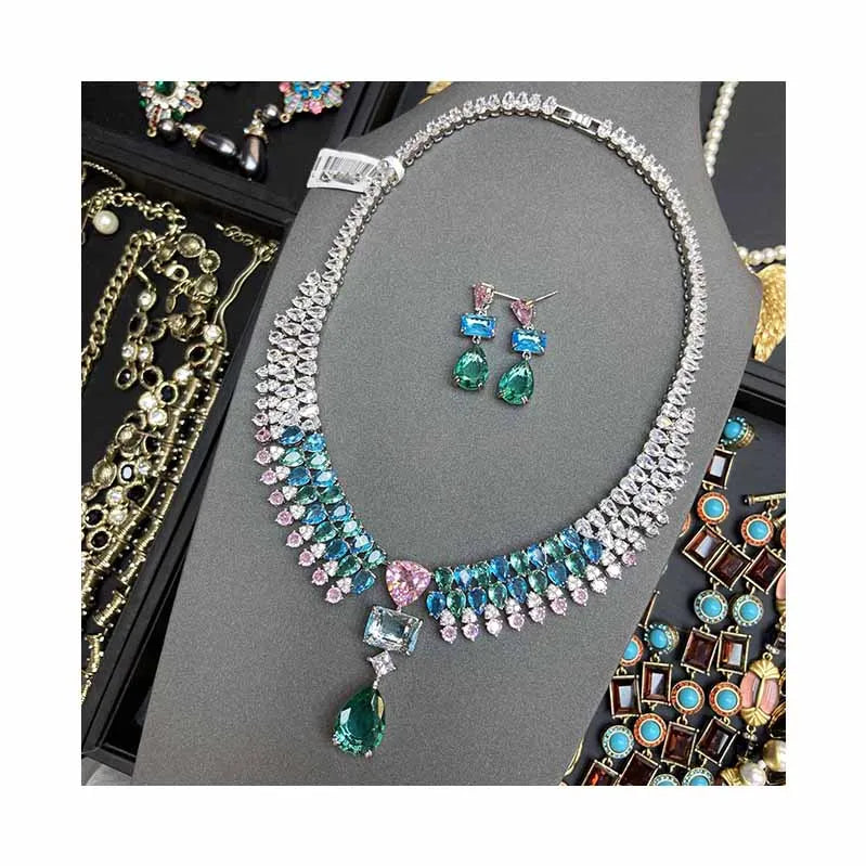Luxury Bling Colorful Cubic Zirconia Necklace Earring Sets High Quality Dubai Wedding Bridal Jewelry Sets