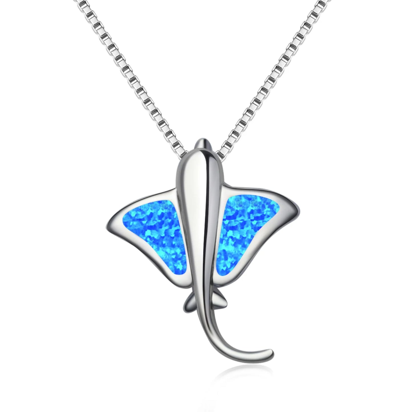 Opal Christian Batfish Necklace for Women Romantic Brass Link Chain Sweater with Blue Hexagonal Star Pendant
