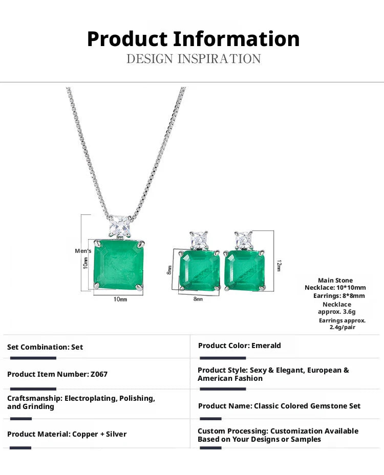 Fashion Eco-friendly Copper Minimalist Square Green Zircon Pendant Earrings Set Elegant Brass Jewelry Sets for Refined Everyday