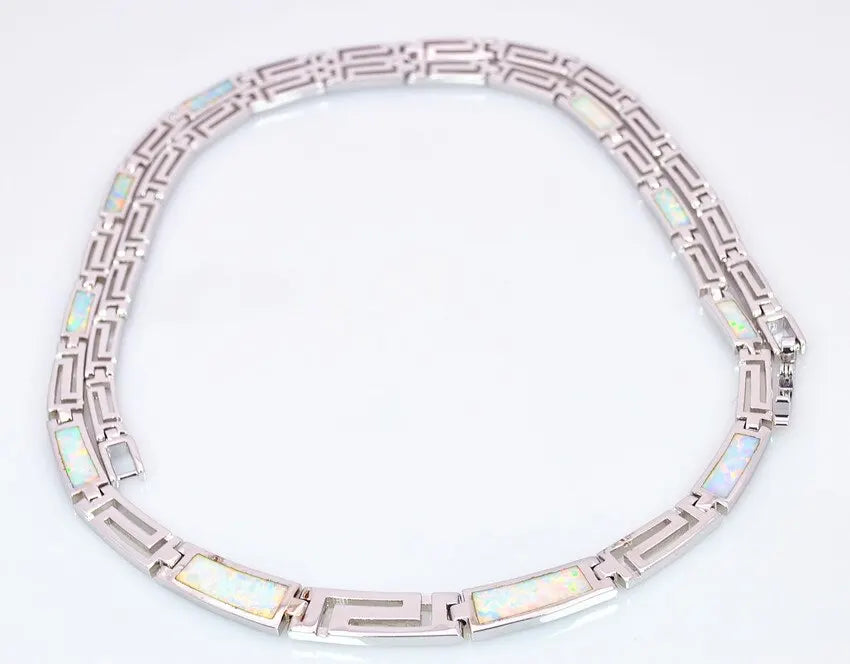 Women's Silver Plated Copper Alloy Minimalist square Shape Opal Link Chain Necklace
