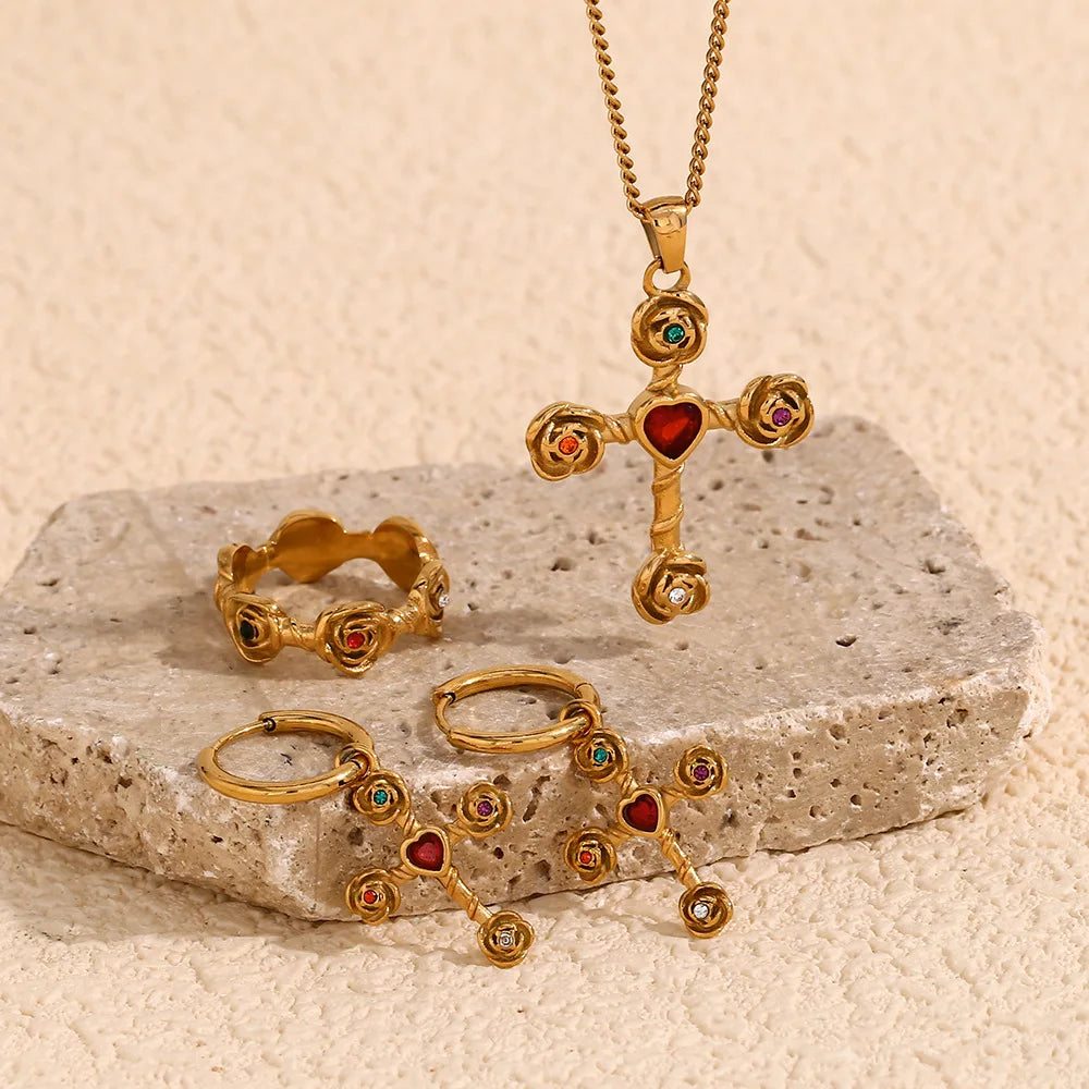 Vintage High-end Creative Stainless Steel 18K Gold Plated Rose-style Cross Pendant Necklace Bamboo for