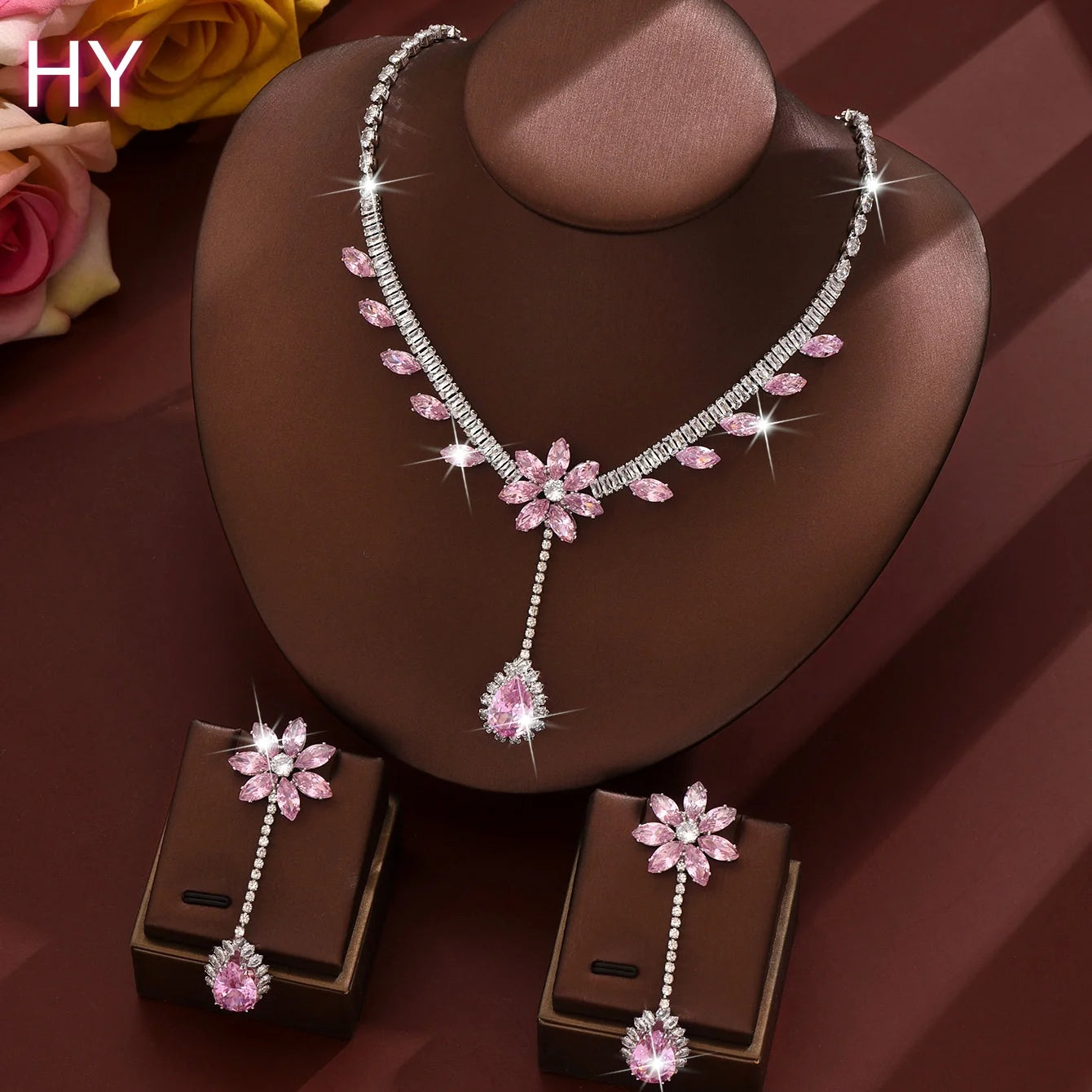 HY  Diamond Wedding Jewelry Set Shinny Zircon Flower Earring Necklace Green Pink Stone Necklace for Women