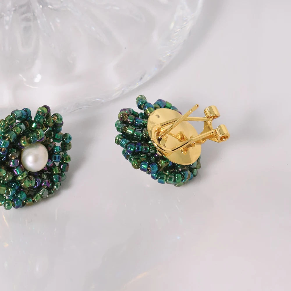 Natural Freshwater Pearl Green Glass Earrings Earring for Woman Korean Fashion Style Vintage Personality Lady Jewelry