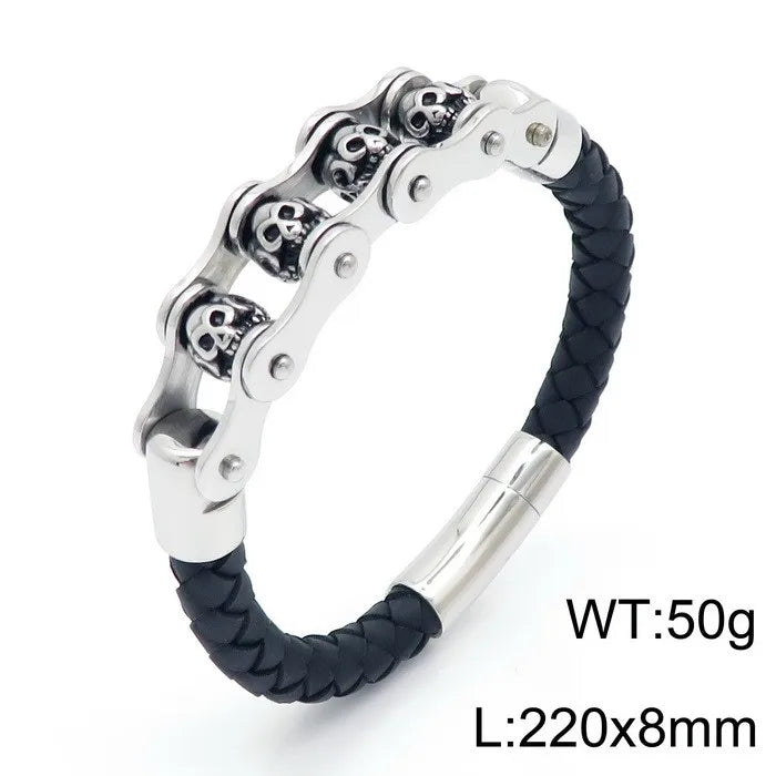 REBEL Trendy Mens Fashion Bracelets Bangles Stainless Steel Beads Leather Bracelet Bangle