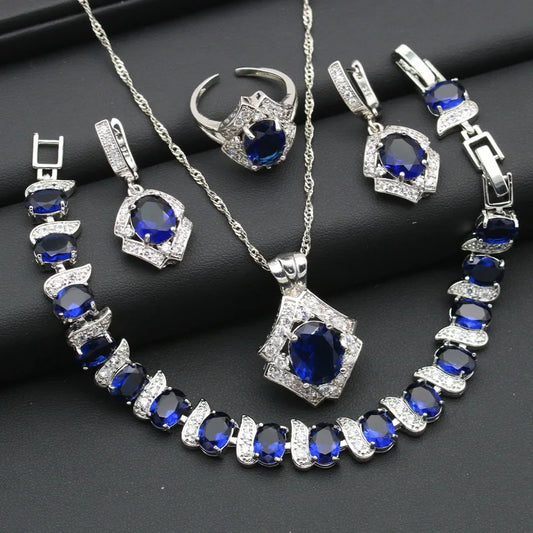 Silver Color Alloy Women's Set Wedding Royal Blue Cubic Zirconia Earrings Necklace Pendant Open Ring Bracelet Party Halloween
