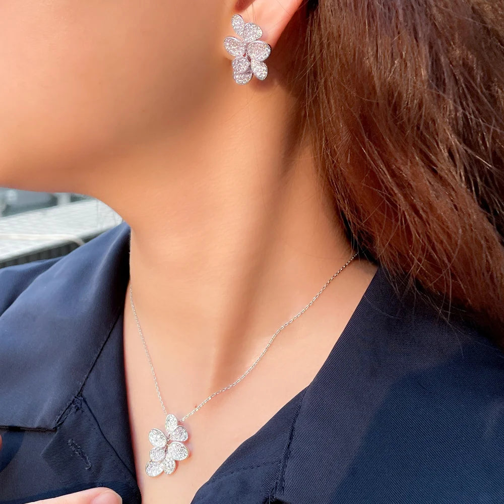 Glitter Silver Plated Cubic Zirconia Big Delicate Leaf Shaped Chain Pendant Necklace Earring Bridal Jewelry Sets for Women