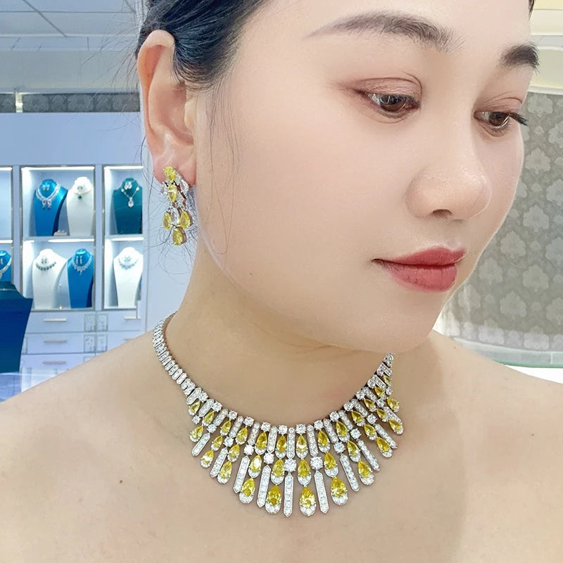 Bridal Luxury Pear Cut Yellow Zirconia Necklace Earrings 2-piece Set High Quality Brass Jewelry Anniversary Gift
