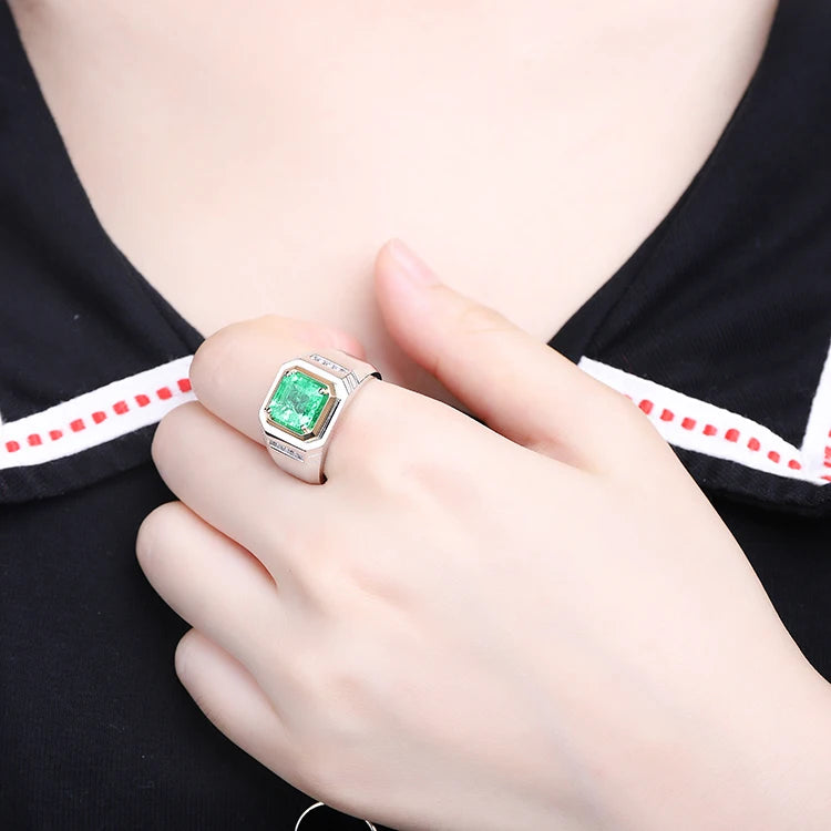 Gemfiori Loose Lab Created Emerald Ring for Men Silver Jewelry for Couples Manufactured Emerald Ring Design