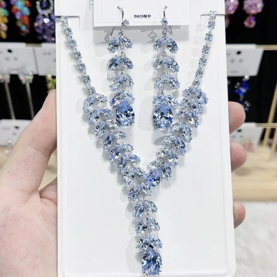 K062 Hot Selling Women Trendy Luxury Leaves Zircon Bridal Necklace Earrings Set Wedding Elegant Jewelry Set